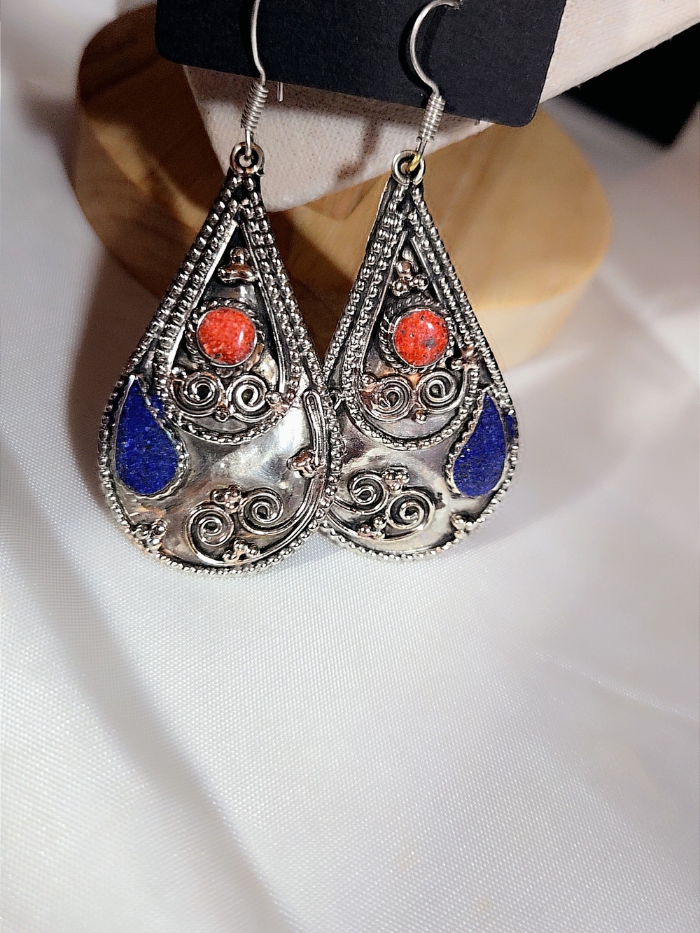 Handcrafted Silver Teardrop Earrings with Blue Lapis and Coral Accents